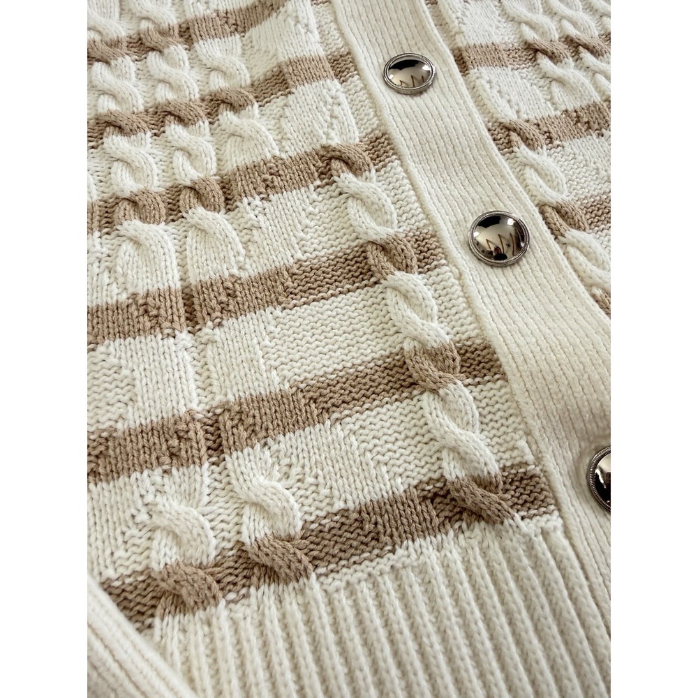 Talbots Striped Cable Knit Collared Cardigan Cream Tan Button Sweater M - Picture 4 of 9